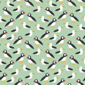 Puffin and Seagull seamless pattern. Cute Cartoon arctic animals background.. 스톡 일러스트
