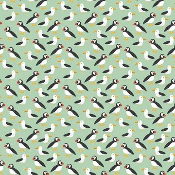 Puffin and Seagull seamless pattern. Cute Cartoon arctic animals background.. 스톡 일러스트