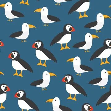 Puffin and Seagull seamless pattern. Cute Cartoon arctic animals background.. Stock Illustration