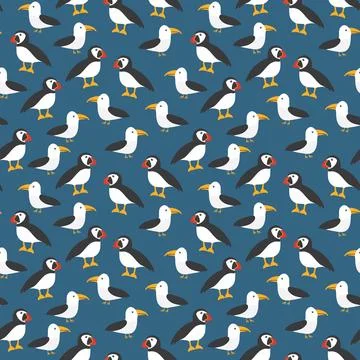 Puffin and Seagull seamless pattern. Cute Cartoon arctic animals background.. 스톡 일러스트