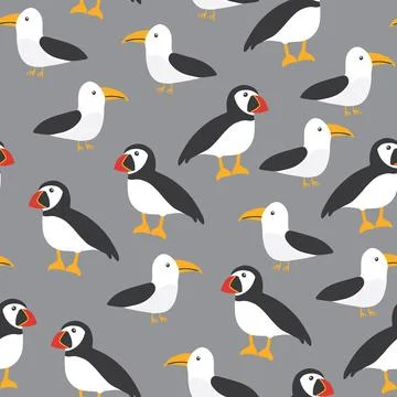 Puffin and Seagull seamless pattern. Cute Cartoon arctic animals background.  Stock Illustration