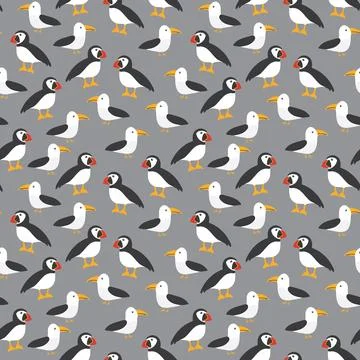 Puffin and Seagull seamless pattern. Cute Cartoon arctic animals background.. Stock Illustration