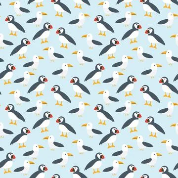 Puffin and Seagull seamless pattern. Cute Cartoon arctic animals background.. 스톡 일러스트
