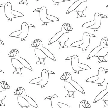 Puffin and Seagull seamless pattern. Cute Cartoon arctic animals background.. Stock Illustration