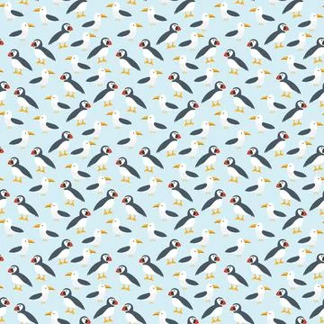 Puffin and Seagull seamless pattern. Cute Cartoon arctic animals background.. Illustrazione stock