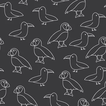 Puffin and Seagull seamless pattern. Cute Cartoon arctic animals background.. Stock Illustration