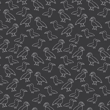 Puffin and Seagull seamless pattern. Cute Cartoon arctic animals background.. Stock Illustration