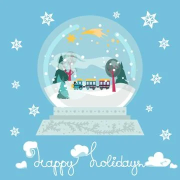 Puffing Train in Snow Globe on Blue Background Stock Illustration