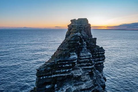 Puffins on Sea Stack at Cliffs of Moher Sunset Stock Photos