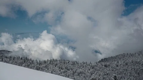 Puffy boiling clouds. Winter highland.  Wide angle Parorama Stock-Footage 83691854