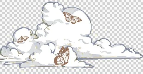 Puffy clouds are floating in cutout style with butterflies and sparkles on Stock Illustration