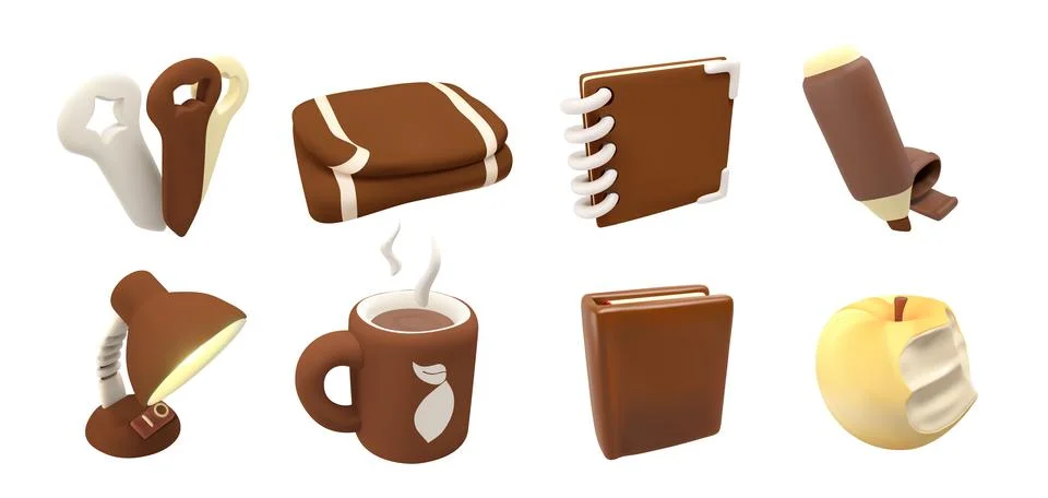 Puffy Education 3D vector Icon Set with Desk Lamp, Coffee Mug イラスト素材
