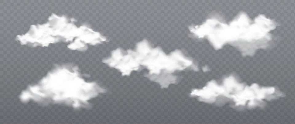 Puffy white clouds set on transparent background Illustrazione stock