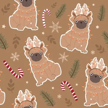 Pug in deer antlers with Christmas elements. Cute festive dogs seamless patte Stock Illustration
