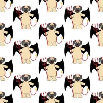 Pug in devil costume seamless pattern 스톡 일러스트