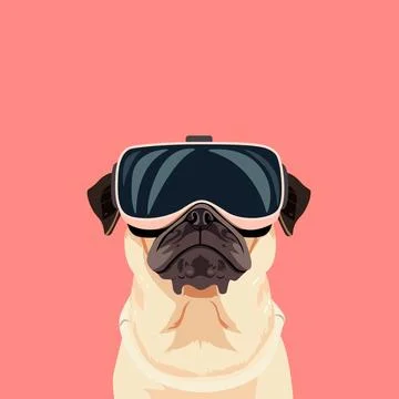 Pug dog in VR glasses. Solid pink background Stockillustratie