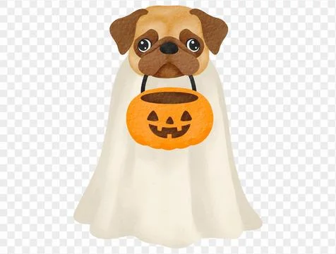 Pug ghost dog holding pumpkin bucket cute Halloween watercolor vector. Stock Illustration