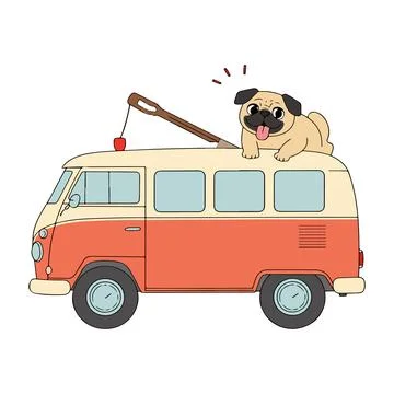 Pug on a Vintage Van Stock Illustration