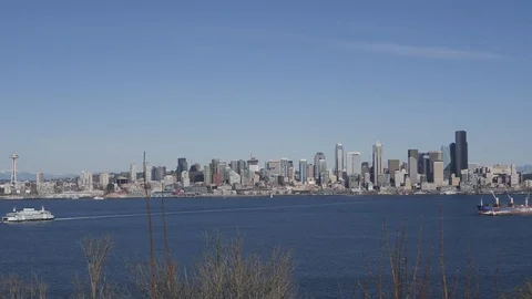 Puget Sound Seattle City Skyline with Ferry Stock Footage