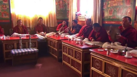 Puja in Himalayan Buddhist monastery. Stock Footage 76757357