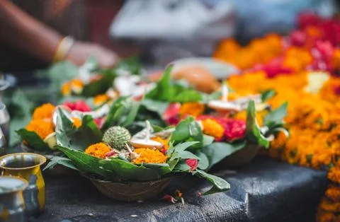 Puja Items for Hindu Devotion in Kathmandu Stock Photos