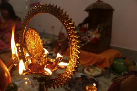 Puja set up in hinduism. Selective focus on burning traditional Stock Photos