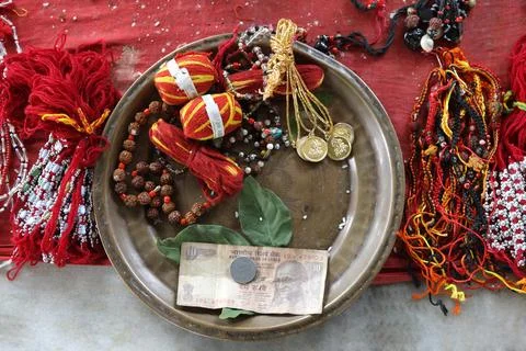 Puja thali offered by devotees at shiva dole temple ; Sivsagar ; Assam ; Indi Foto stock