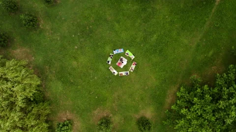 Puja. View from above. People sit in a circle and pray on the grass. 스톡 동영상 166012252