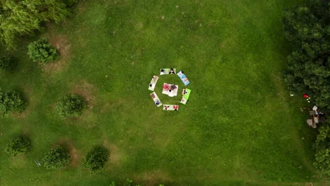 Puja. View from above. People sit in a circle and pray on the grass. 스톡 동영상 166012317