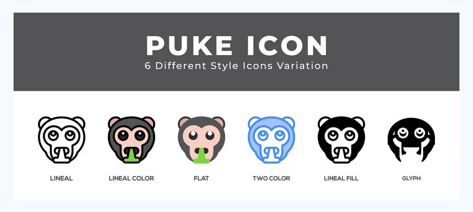 Puke monkey set of icons. Vector illustration with different styles. Illustrazione stock
