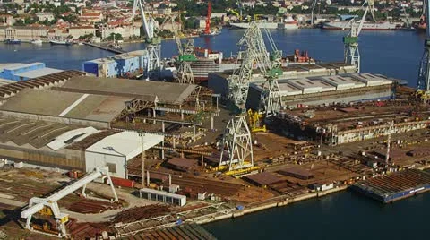 Pula panorama with old shipyard in the front - aerial Stock-Footage 12634408
