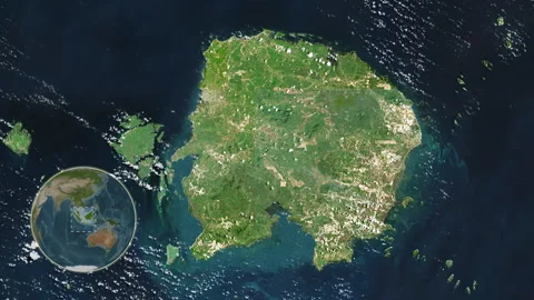 Pulau Billiton Island in the Java Sea. Satellite map. Slide Stock Footage 302983124