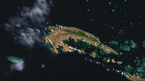 Pulau Kangean in the Java Sea on a satellite image taken in August 31, 2019 Stock Illustration