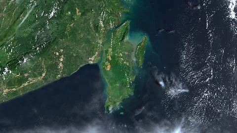 Pulau Laut in the Java Sea on a satellite image taken in February 20, 2019 Stock-Illustration