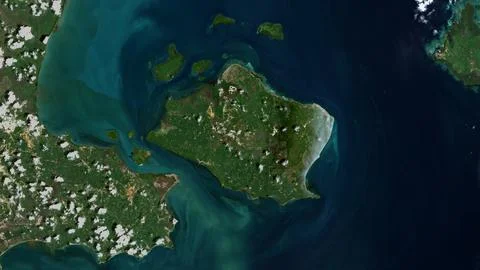 Pulau Lepar in the Java Sea on a satellite image taken in February 9, 2020 Ilustração Stock