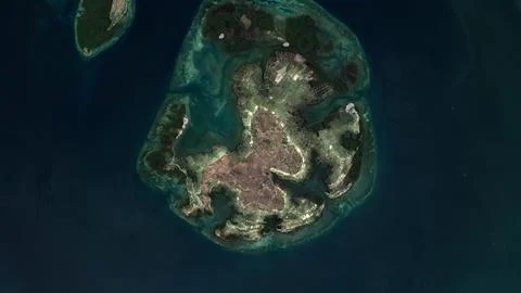 Pulau Tanakeke in the Java Sea on a satellite image taken in August 2, 2023 Illustrazione stock