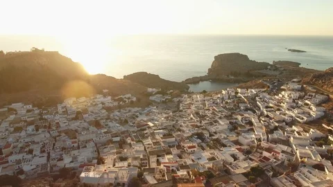 Pull in Aerial Shot of the Magnificent View of the Lindos Village Stock Footage 112260987