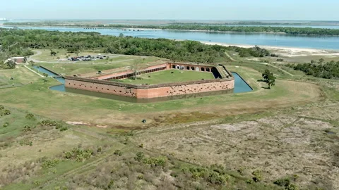 Pull away aerial shot of Fort Pulaski Stock Footage 178583222