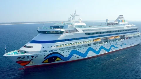 Pull away shot of German cruise ship moored in the port of Esperance, Aus Stock Footage 123133377