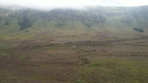 Pull away view of car across a huge savanna with foggy mountains Stock Footage 258313054