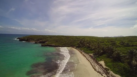 Pull back Aerial drone shot of sea beach in Puerto Rico Stock Footage 91460736