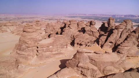 Pull back, aerial, rock formation Al Ula, Saudi Arabia, 4K Stock Footage 196820720