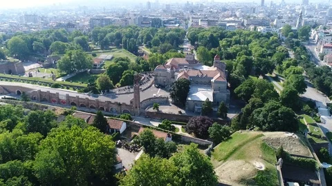 Pull back aerial shot of Kalemegdan Belgrade fortress Stock Footage 94524528