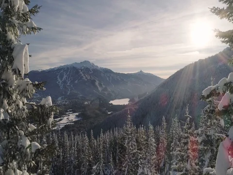 Pull Back Aerial Shot Of A Ski Resort In A Winter Landscape At Sunset Stock Footage 84751792