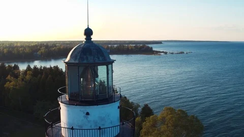 Pull Back Cana Island Lighthouse Door County Wisconsin Aerial Stock Footage 71325195