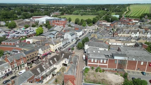 Pull back drone aerial reverse reveal High street Newmarket town Suffolk UK Stock Footage 247164447