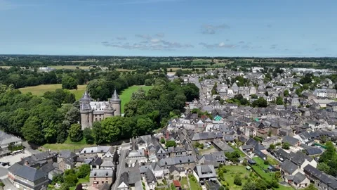 Pull back drone aerial reverse reveal Comburgh town in Brittany France Stock-Footage 340042118