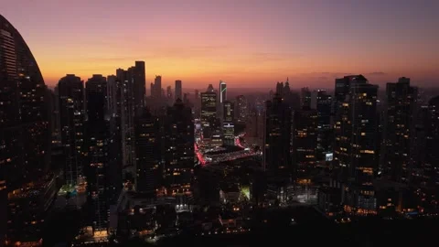 Pull Back Drone Reveal of Panama City Downtown Skyline at Sunset Video stock 334161401