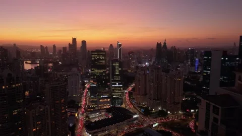 Pull Back Drone Shot of Panama City Road Night Lights Downtown Skyline at Sunset Video stock 334161303