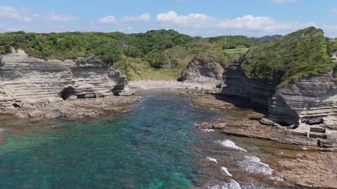 Pull-Back Drone Shot from Ubara Risokyo Coastline in Chiba Japan – 4K Stock Footage 321986107